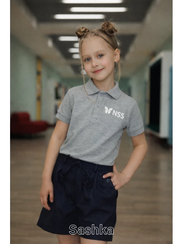 Поло для дівчинки сіре з логотипом школи NSS, розмір 116-188